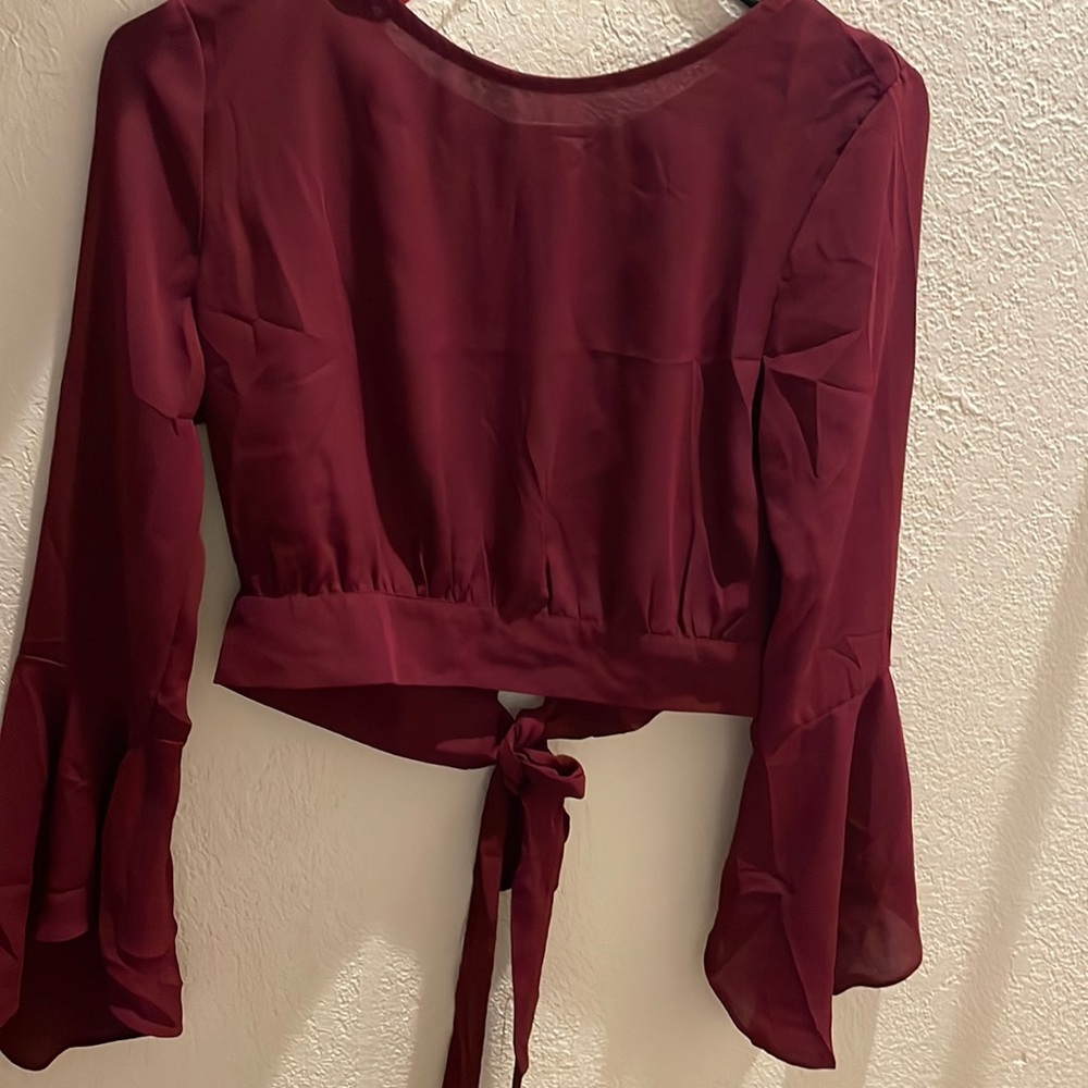 Cropped Maroon Tie-Back Blouse With Bell Sleeves